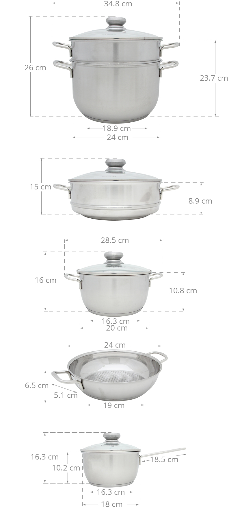 Bộ Nồi Inox 5 Chiếc Fivestar Nắp Kính