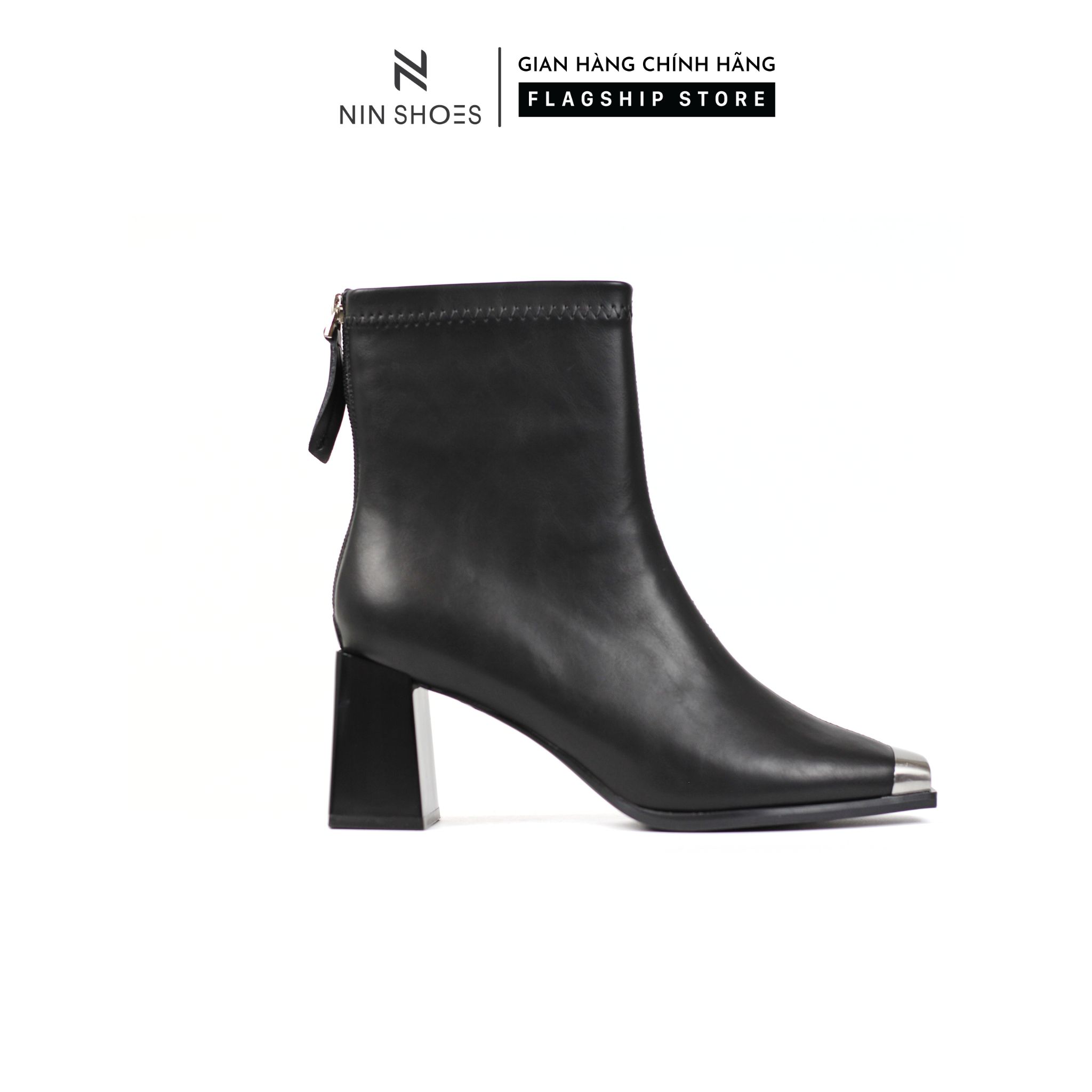 Giày boot nữ cao gót cổ ngắn đế vuông 7p mũi bọc bạc khóa kéo sau tiện lợi ninshoes bom49