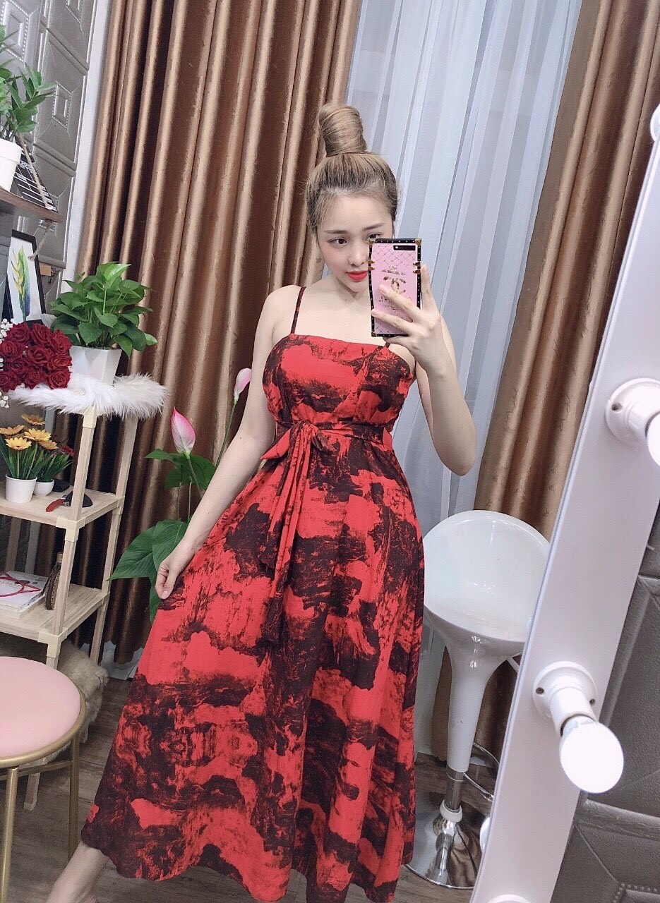 Đầm maxi hai dây họa tiết  + Ảnh thật