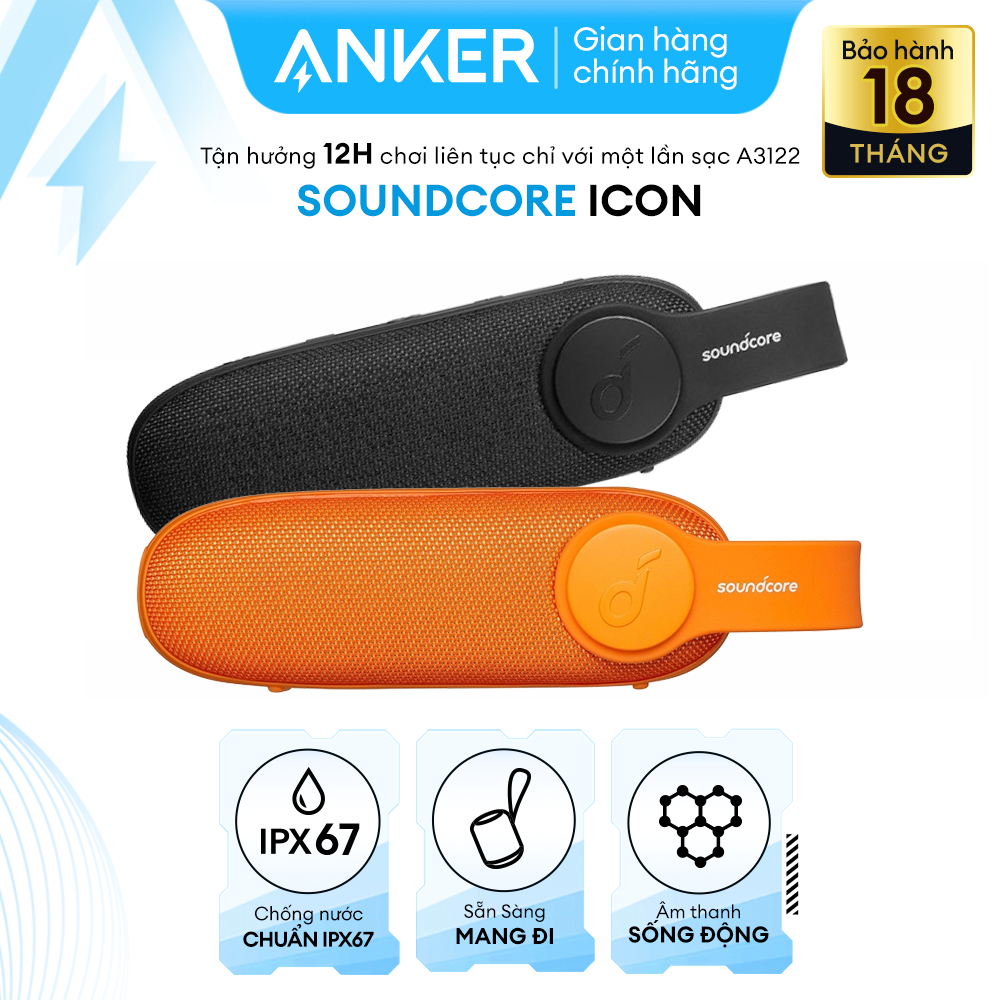 Soundcore Icon by Anker, Bluetooth Speaker, Waterproof Portable Speaker for Adventures in The City and The Wilderness, IP67 Water Resistance, 12-Hour Playtime, Built-in Mic