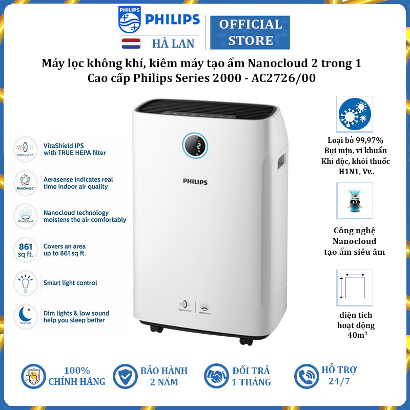 Máy lọc không khí kiêm tạo ẩm 2 trong 1 Philips Series 2000 AC2726/00 - Hàng Nhập Khẩu (Bảo hành 12 tháng)