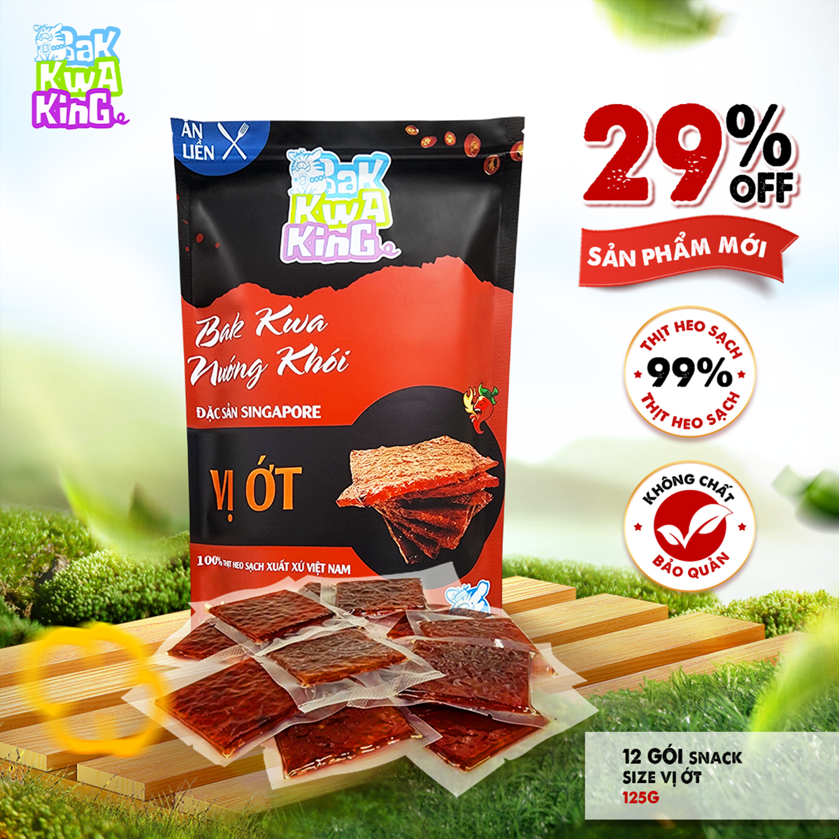 Thịt Heo Nướng Khói Bak Kwa 125g vị ớt (12 gói túi hút chân không snack pack) - Bak Kwa King