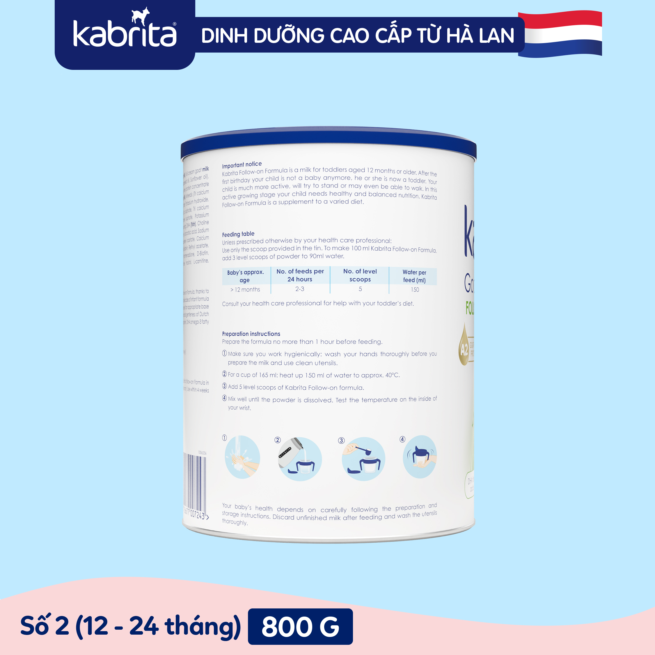 [PHIÊN BẢN MỚI] Sữa dê Kabrita số 2 cho trẻ từ 12 - 24 tháng - Lon 800g