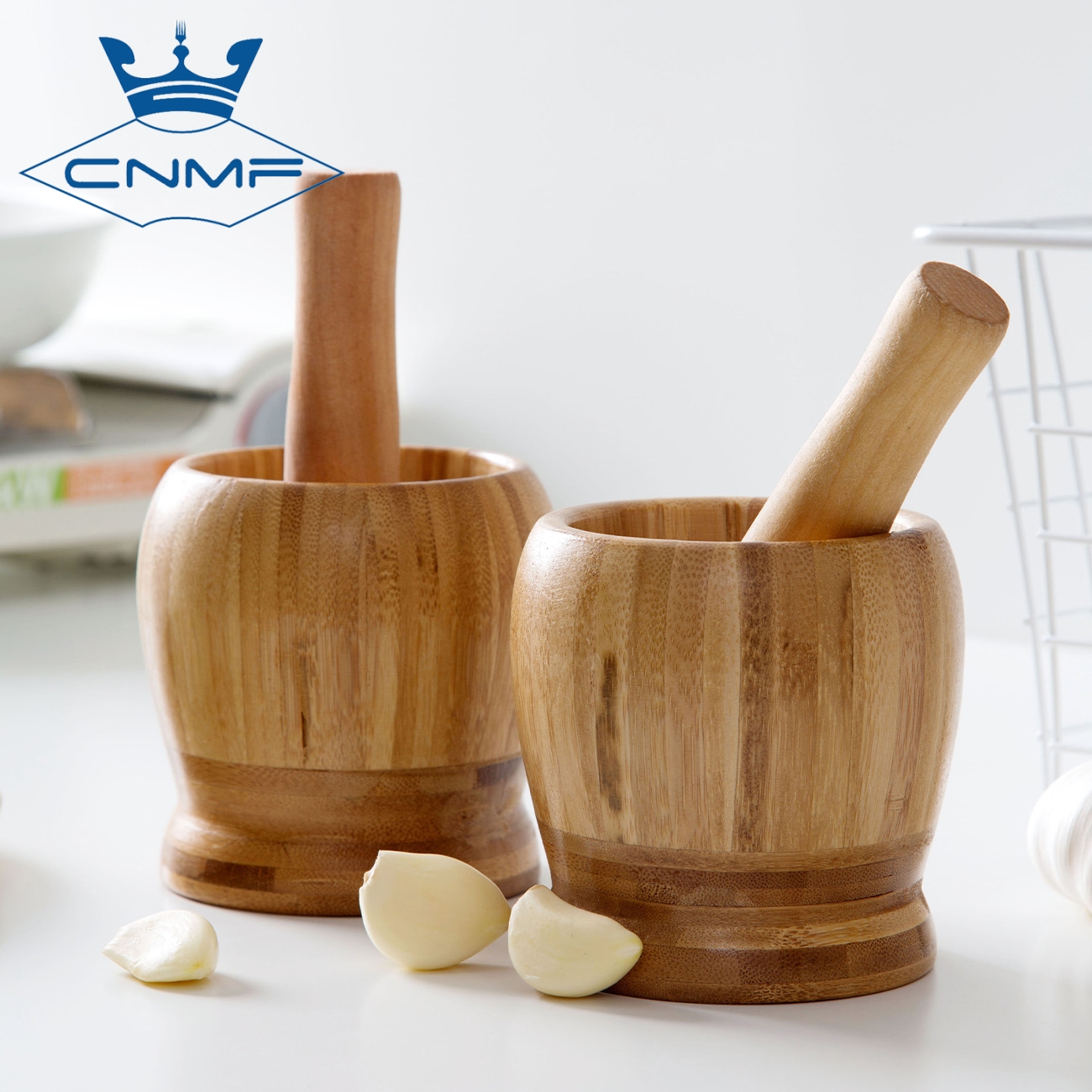 2pcs Pounded Garlic Mortar and Pestle Set Bamboo Kitchen Tools for Mashing Garlic and Ginger