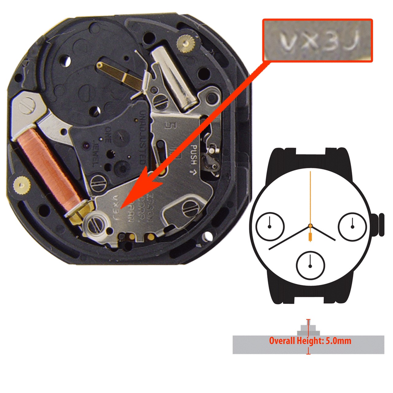 Máy Đồng Hồ Seiko Epson VX3JE 6 Kim