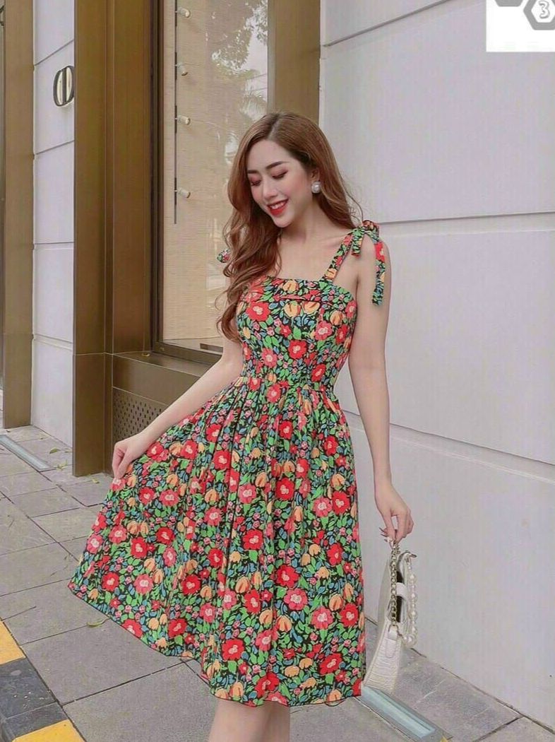 [Mẫu Mới]Đầm Nữ Kiểu Dáng Xòe Thiết Kế Dạng Hoa Chất Liệu Lụa Cao Cấp Thời Trang HARI