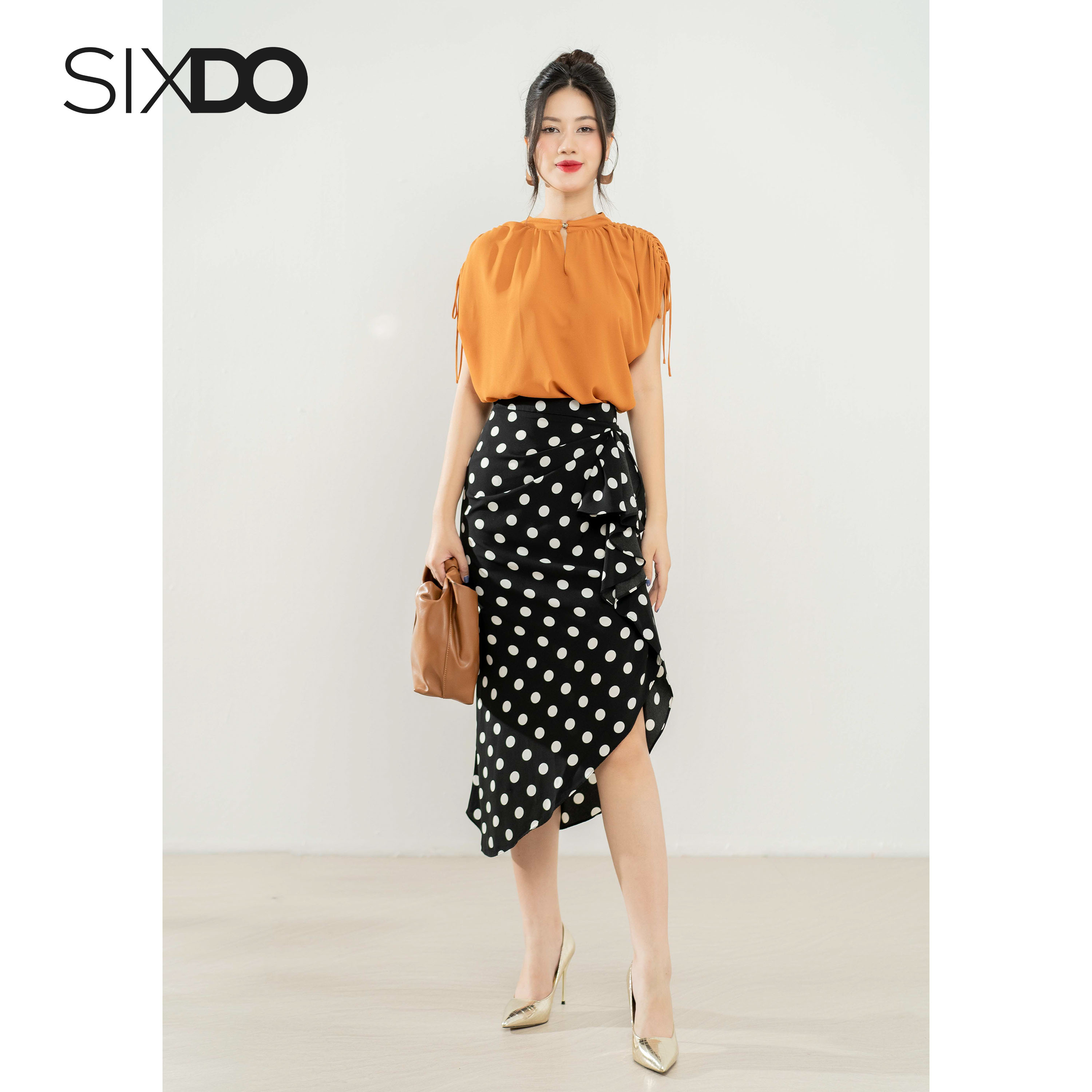 Áo kiểu nữ chiffon nhúm vai SIXDO (Ochre Short Sleeves Chiffon Top)