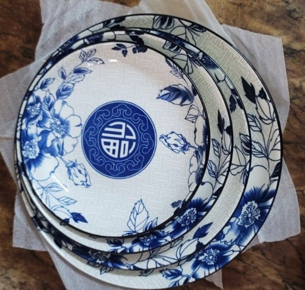 Bộ tô, chén, dĩa gốm sứ hoa văn Chữ Phúc (Gồm 3 Tô kiểu Nhật, 4 Dĩa , 10 Chén cơm)+ Tặng 10 đôi đũa nhựa xoắn 2 đầu