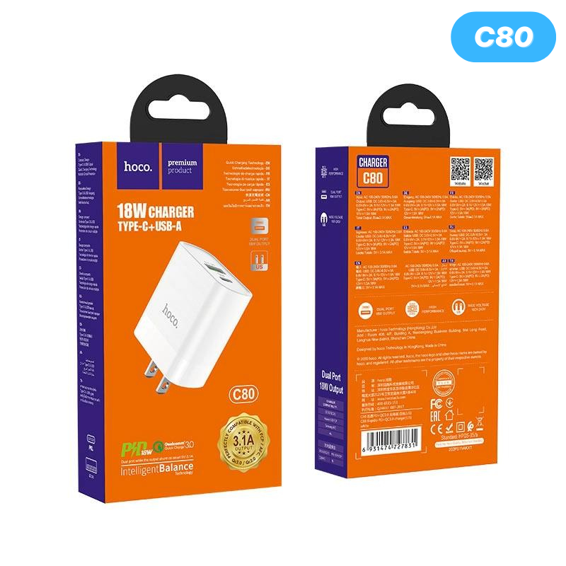 Bộ sạc nhanh hoco c80, 2 cổng usb và type c pd 20w qc3.0 củ sạc chống cháy nổ -shinstore