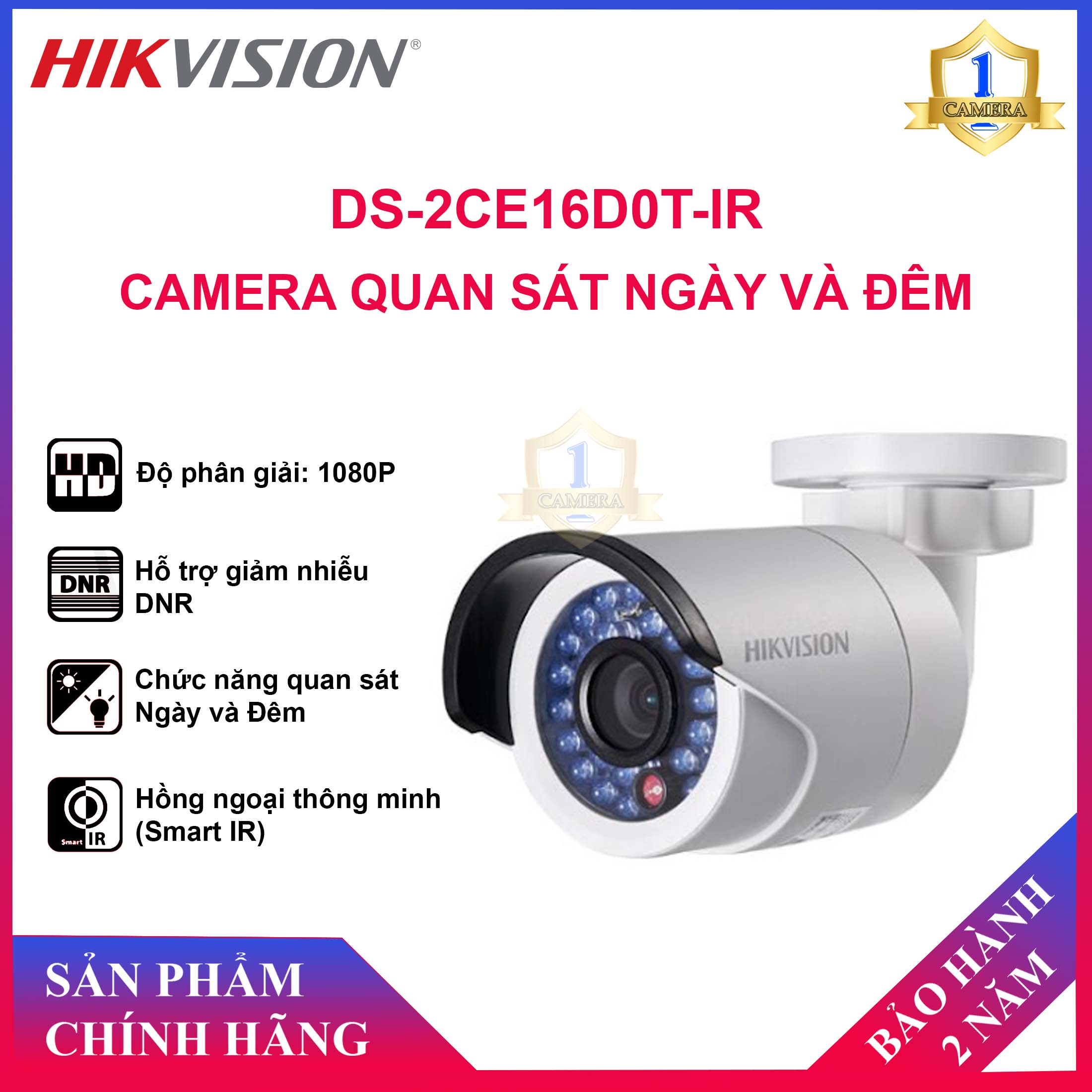 [CHÍNH HÃNG]Camera HD-TVI HIKVISION DS-2CE16D0T-IR 2.0MP - Hồng Ngoại Thông Minh Smart IR 24 Leds, Tầm Xa Hồng Ngoại 20m - Camera Số 1