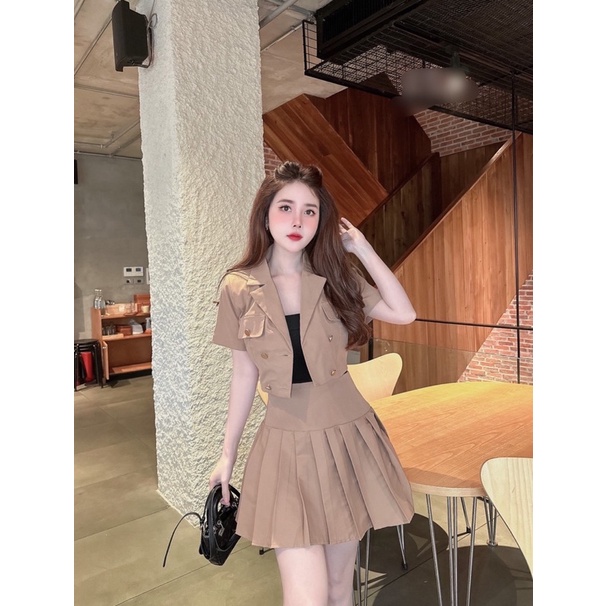 sét áo blazer kèm chân váy xếp ly 3 màu