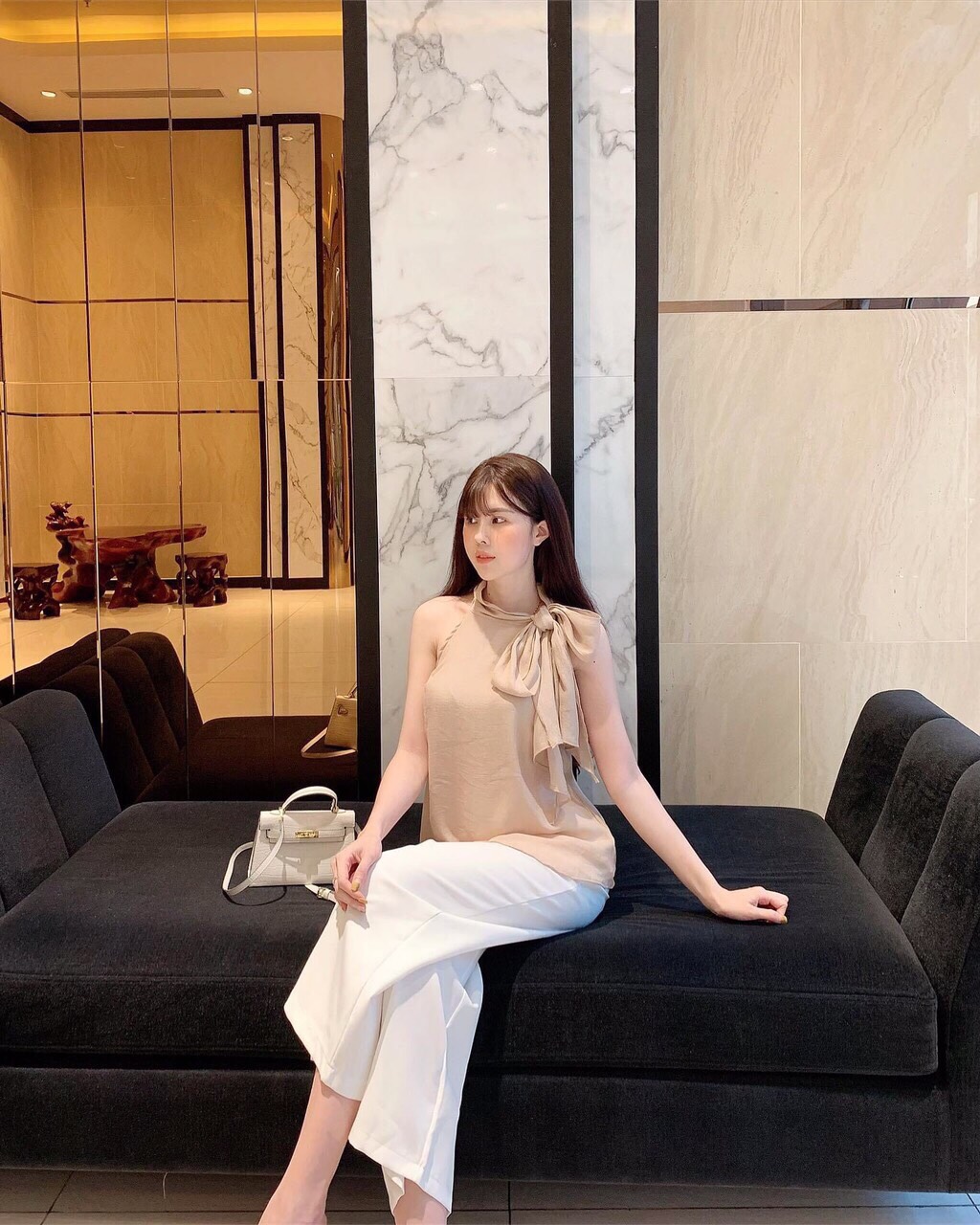 Set công sở áo yếm nơ quần ống rộng