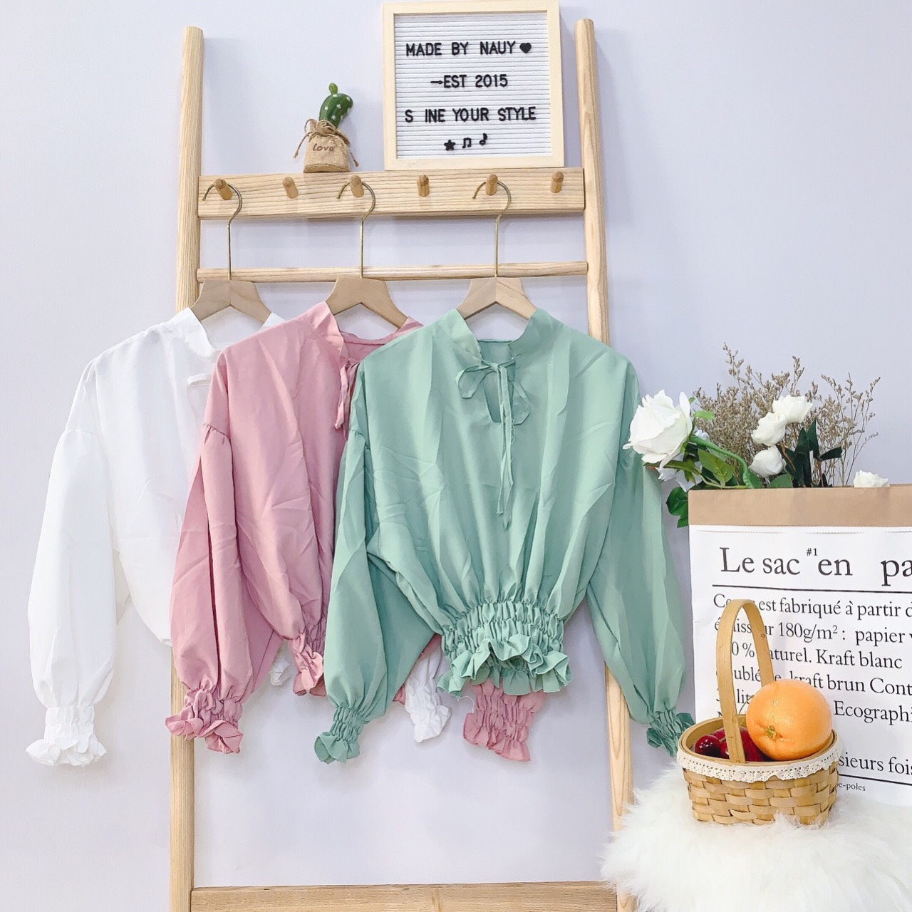 Áo Tiểu Thư Tay Phồng Cổ Thắt Nơ, Áo Voan Tay Phồng Bo Eo Cá Tính AV27