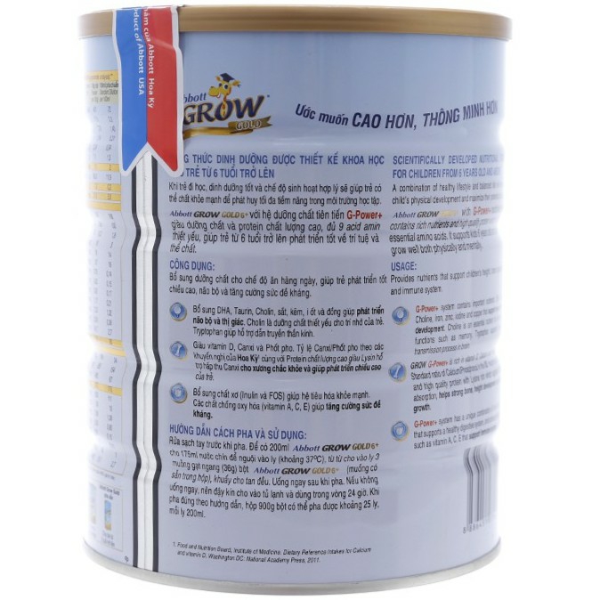 (HSD T2-2026) Sữa Bột Abbott Grow Gold 6+ - Lon 900g.