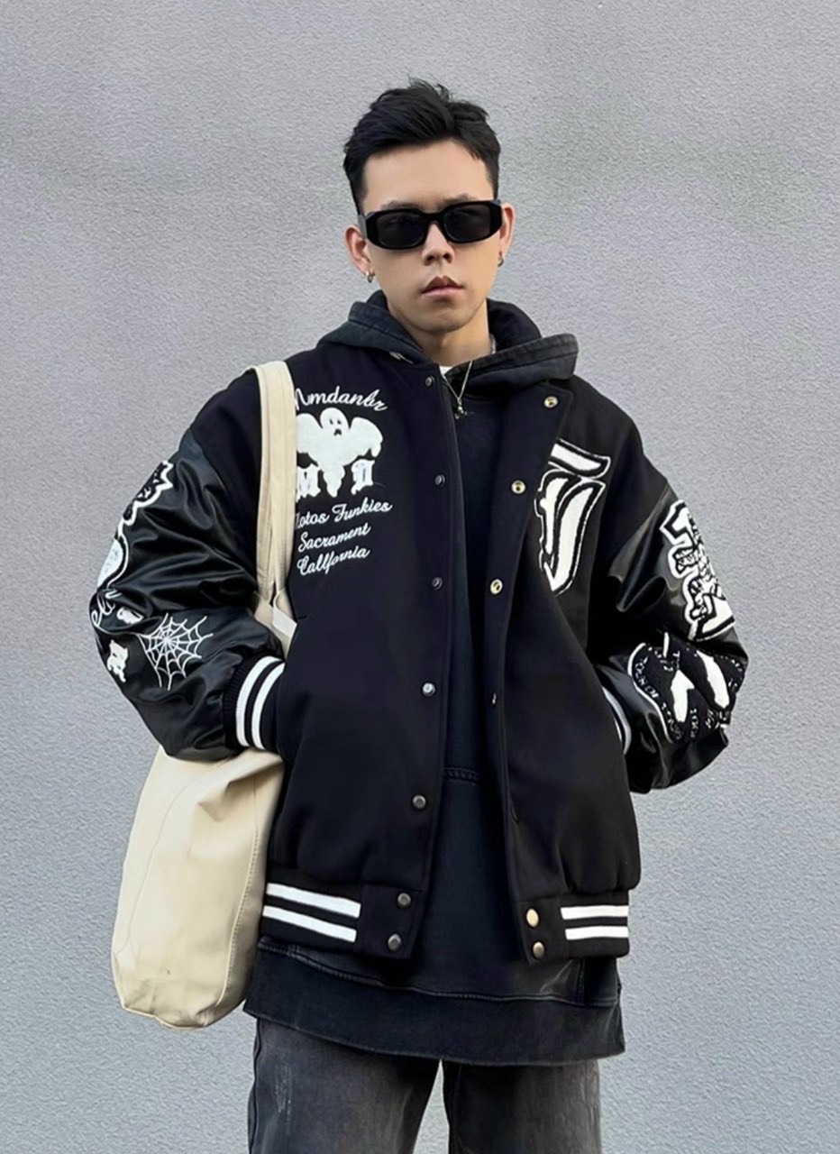 Áo Khoác Bomber Varsity Nỉ Dạ Form Crop Ngắn Phối Tay Da Thêu Hình Full Nam Nữ Unisex