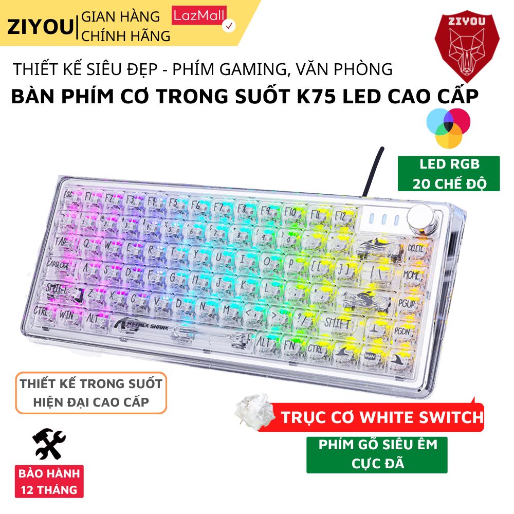 Bàn Phím Cơ Máy Tính Trong Suốt Gaming Ziyou K75 LED Pro RGB White Switch Có HOTSWAP