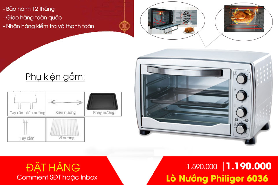 Lò nướng đối lưu cao cấp philiger PLG-6036 36 lít tặng khuôn làm bánh quy  nhiều đầu