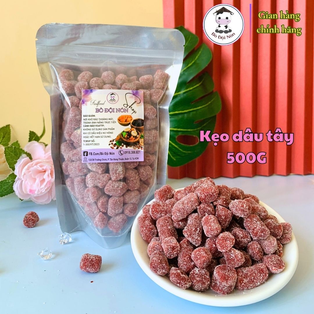 500g Kẹo Dâu Tây Bò Đội Nón