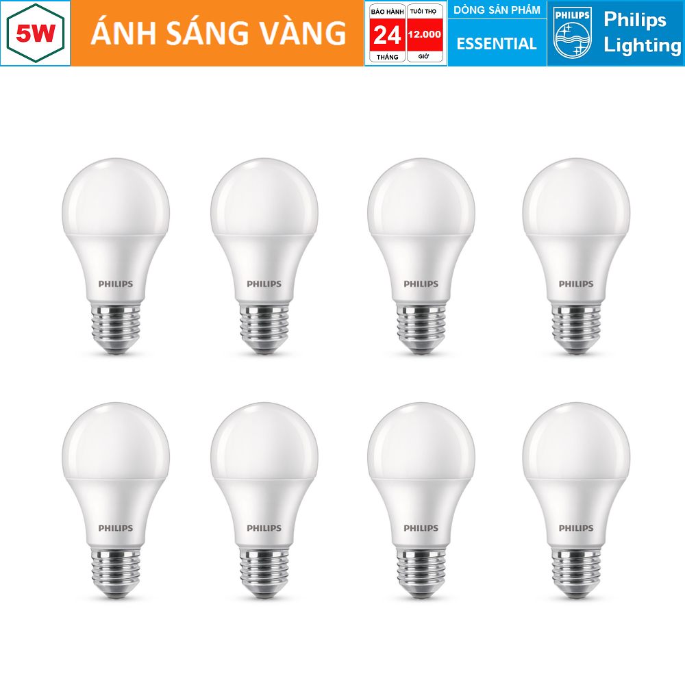 ( Bộ 8 ) Bóng LED Bulb Philips Essential 5W E27 ( Ánh sáng vàng & trắng )