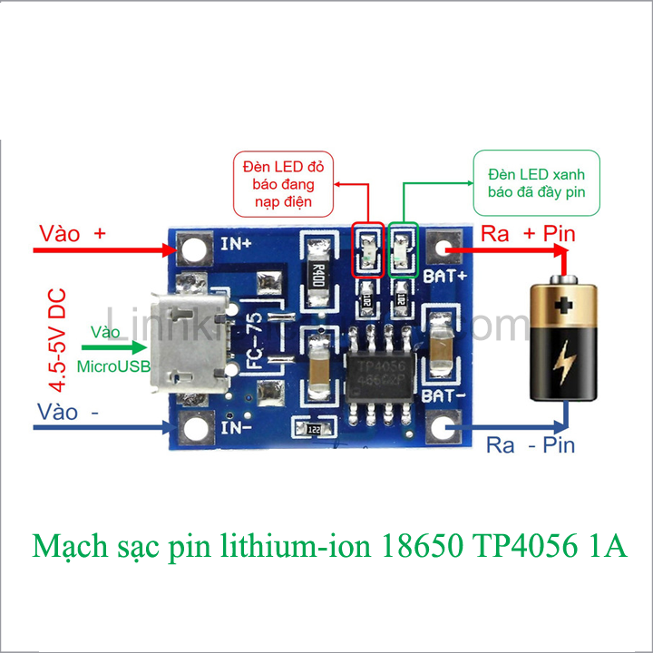 Mạch Sạc Pin 1 Cell 18650 TP4056 1A MicroUSB