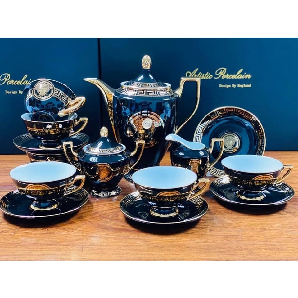 Bộ bình trà versace bằng sứ chất liệu sứ xương cao cấp màu đen