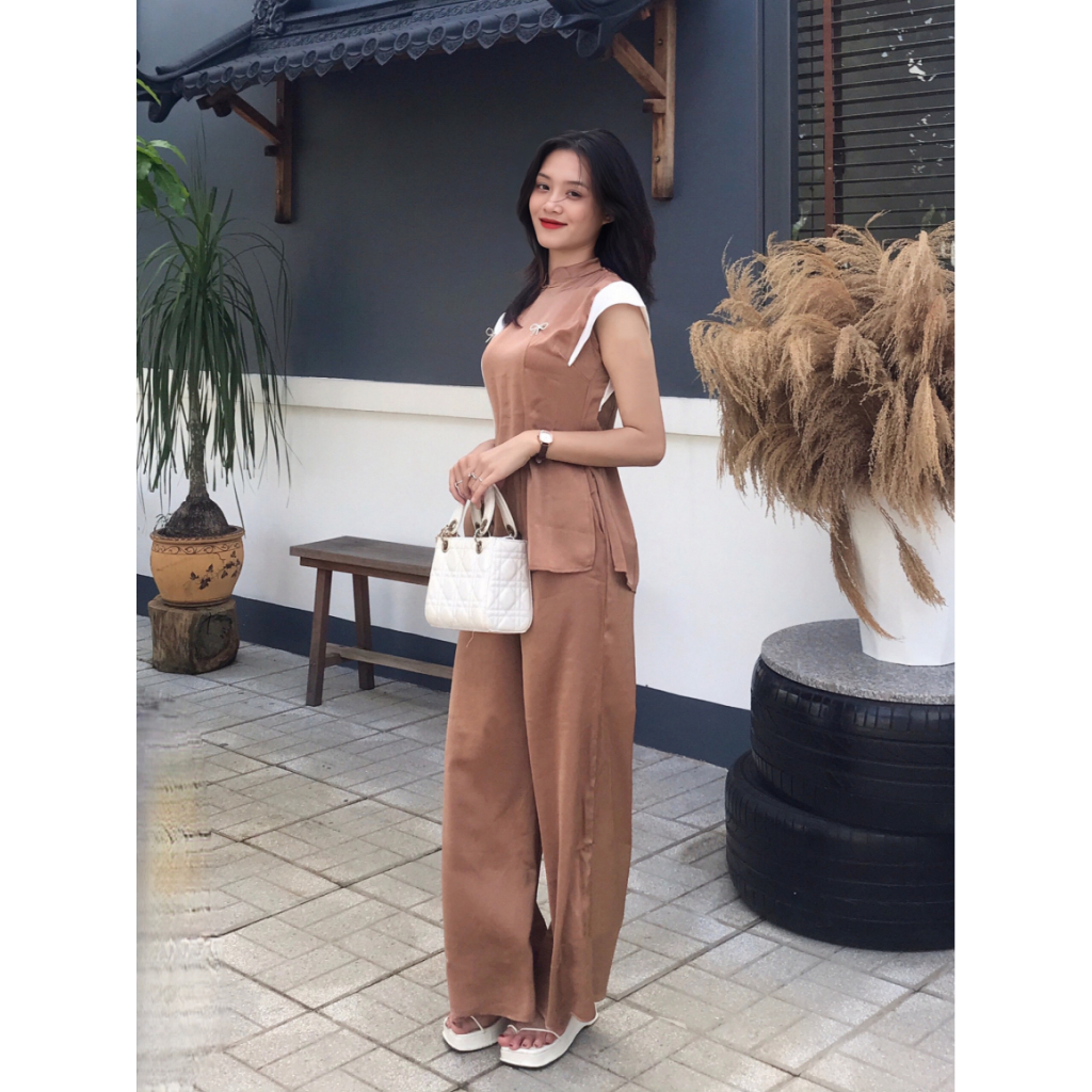 BỘ ÁO BÀ BA PHÁP PHỤC ĐI LỄ CHÙA ĐỒ LAM LỤA GẤM VÂN THIẾT KẾ TAY BỒNG ĐÍNH NGỌC KÈM QUẦN MAY SẴN TRANG NHÃ NHIỀU MÀU