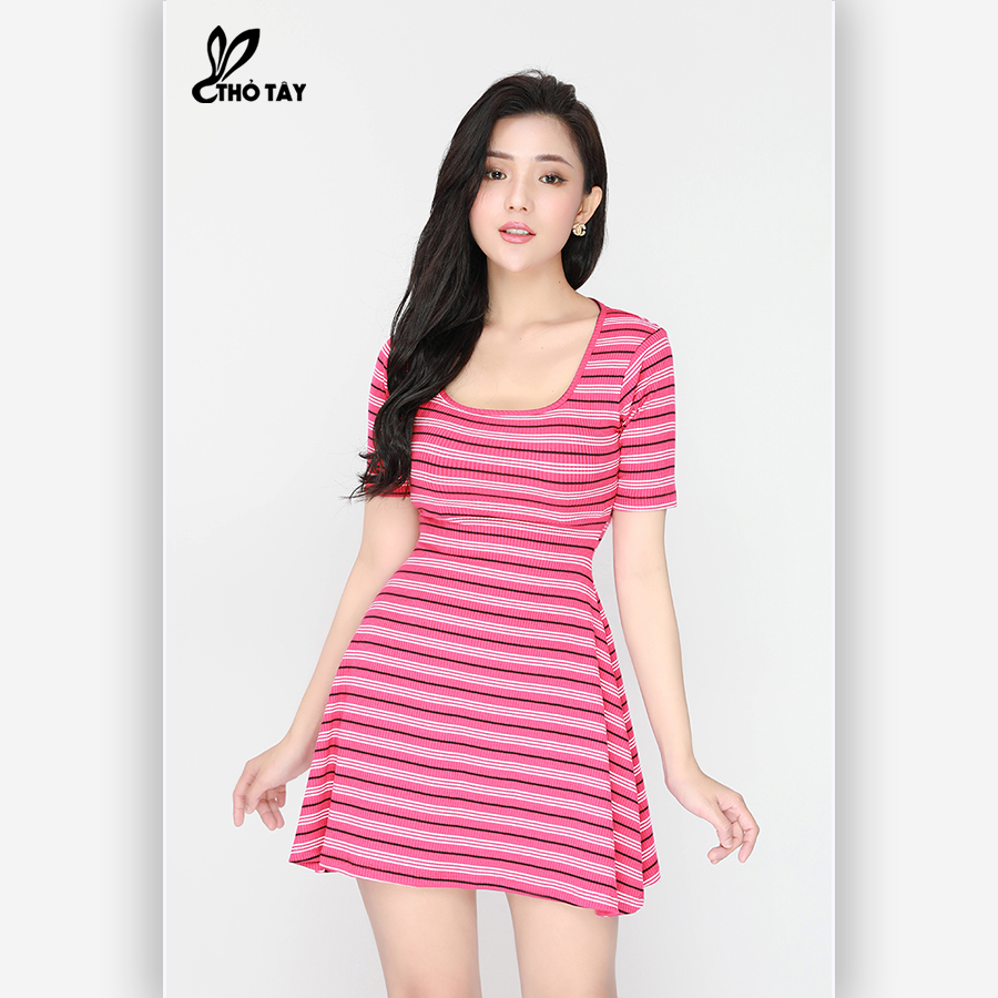 Đầm Xòe Thun Sọc Cổ U - THỎ TÂY D298B375
