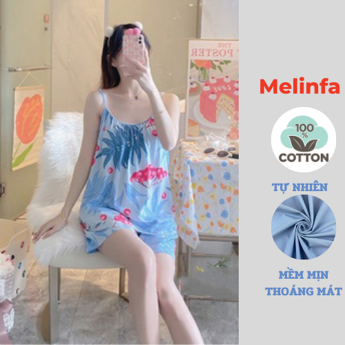 Bộ đồ ngủ nữ, bộ mặc nhà áo hai dây, quần short vải lanh lụa cotton,mặc mùa hè thoáng mát, bộ lanh nữ mã VABD0180