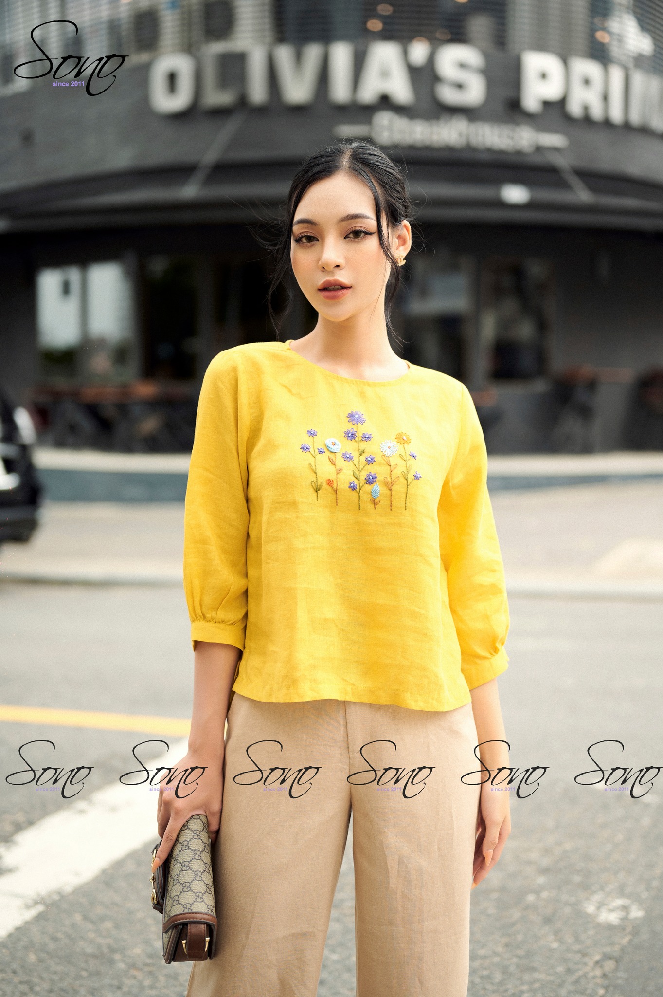 Áo linen tay lửng thêu hoa nhí phong cách trẻ trung năng động chất đẹp