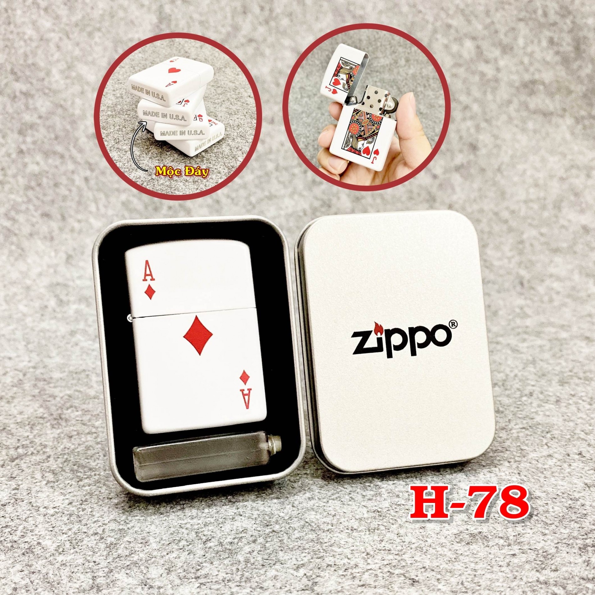 BẬT LỬA ZIPPO 2 MẶT HÌNH LÁ BÀI "ÁT RÔ" (HỘP THIẾC KÈM XĂNG)