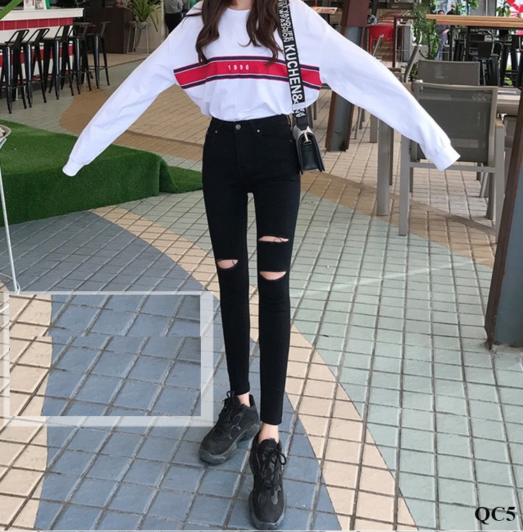 Quần jean nữ lưng cao RÁCH GỐI ĐEN BÊN 2 BÊN 1 chất giãn siêu đẹp RG-3-31