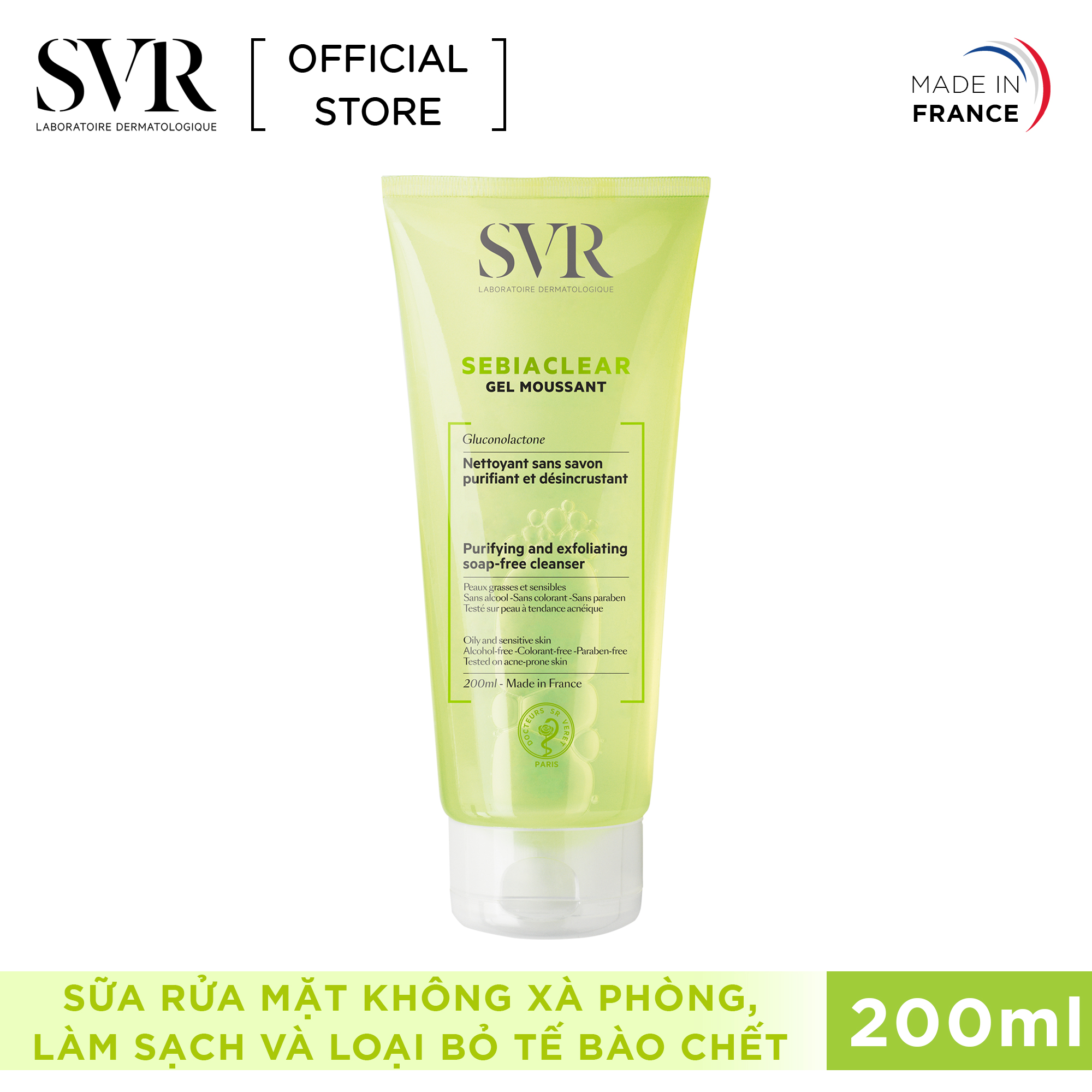 Gel rửa mặt không xà phòng, làm sạch và loại bỏ tế bào chết SEBIACLEAR Gel Moussant 200ml