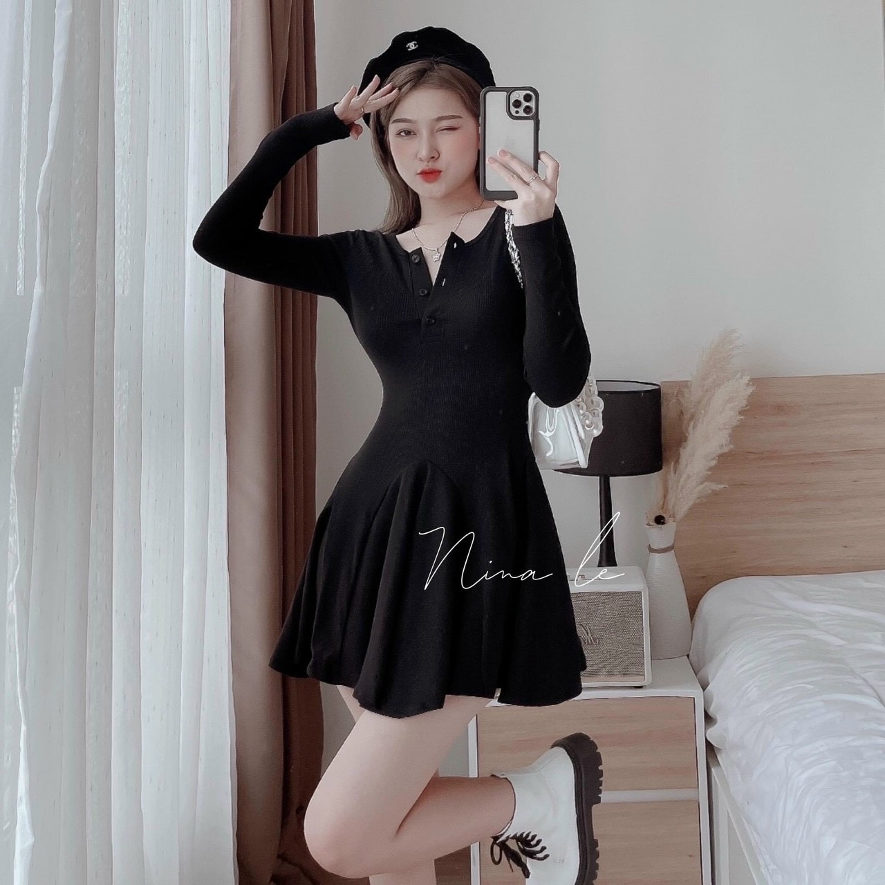 Đầm thời trang nữ mặc đi chơi chất thun gân cổ còn v nút tay dài dáng ôm body váy xoè ngắn đen và đỏ