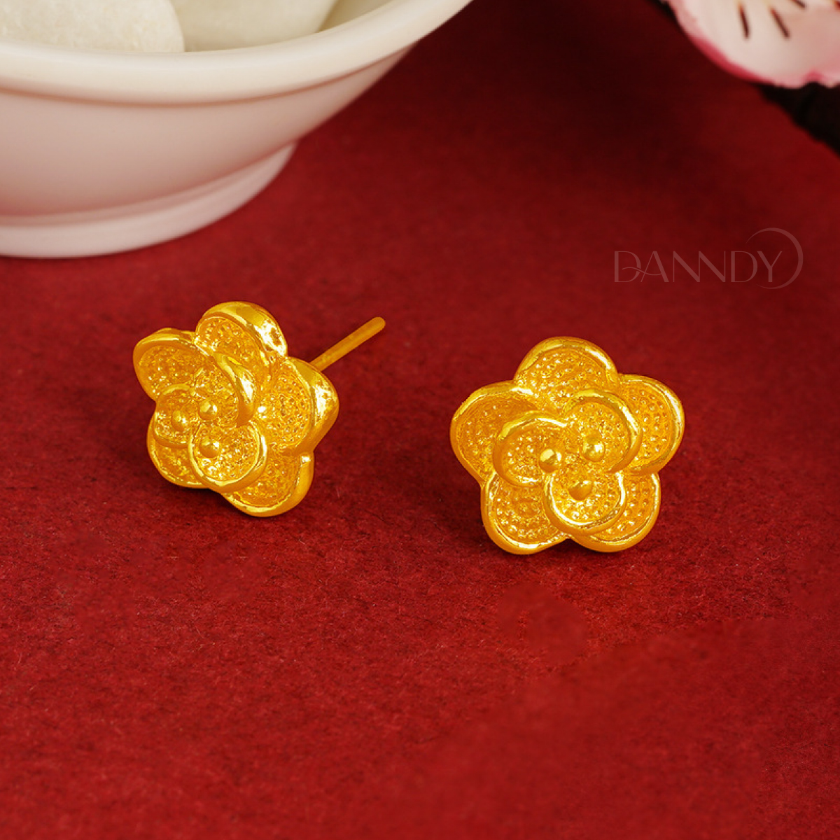 Hoa tai hoa mai mạ vàng 24k màu chuẩn đẹp. Hoa tai nụ cho nữ sang trọng bên màu phù hợp cho đi tiệc
