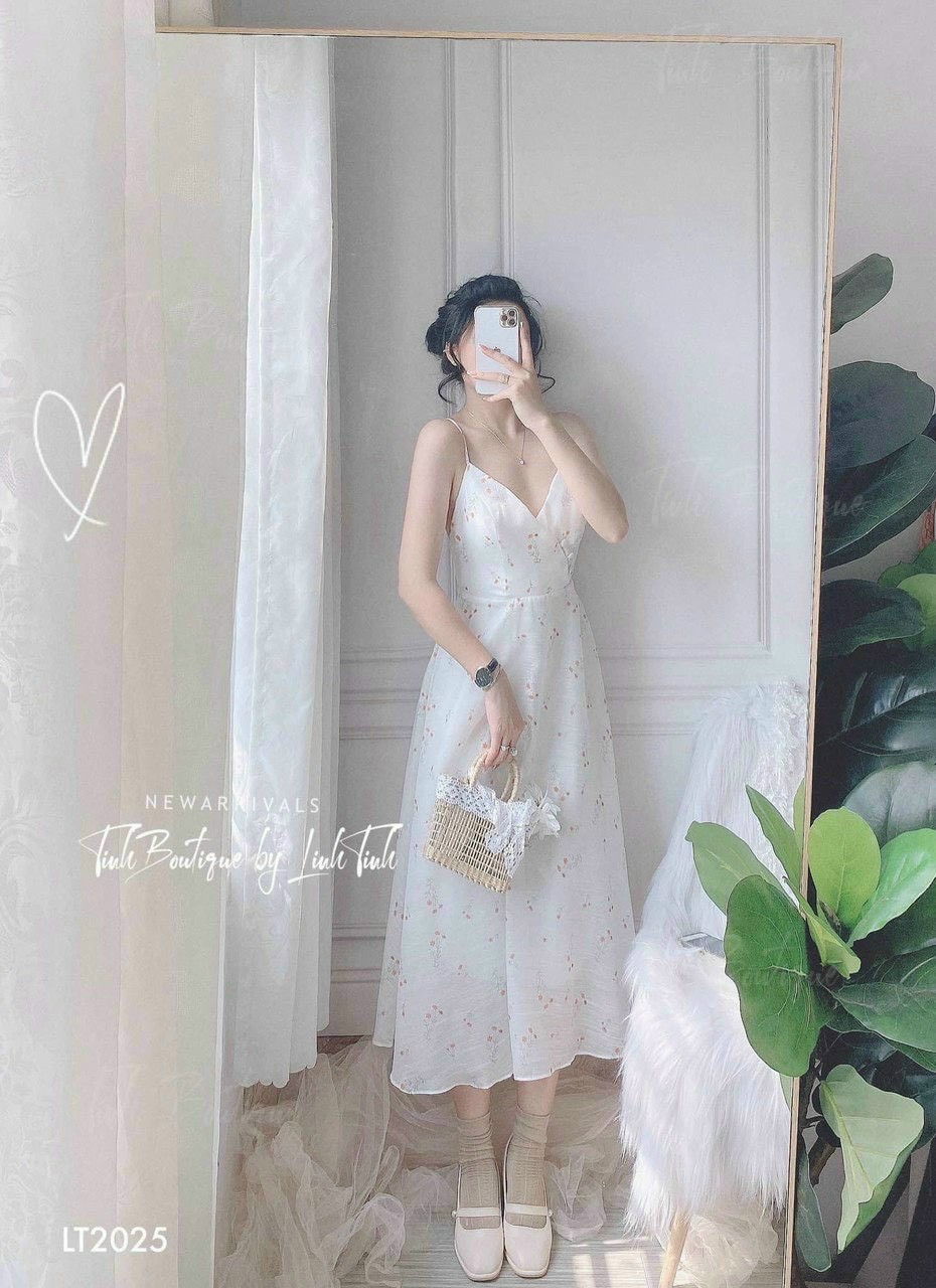 Đầm midi hoa nhí 2 dây thắt eo