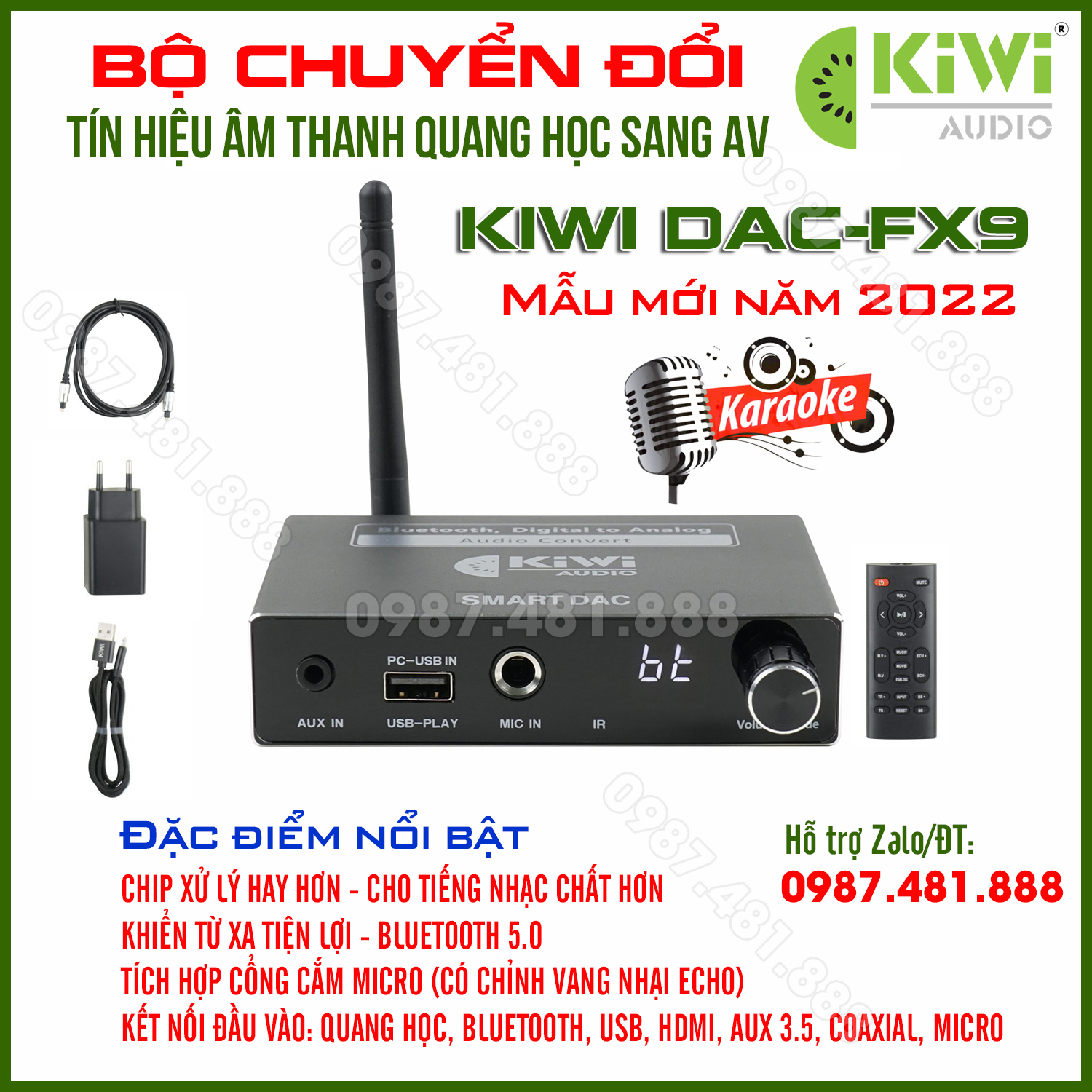 Kiwi DAC FX9 - Bộ giải mã âm thanh cao cấp năm 2022 - Có khiển từ xa, cổng cắm micro hát karaoke, bluetooth 5.0 - hàng chính hãng