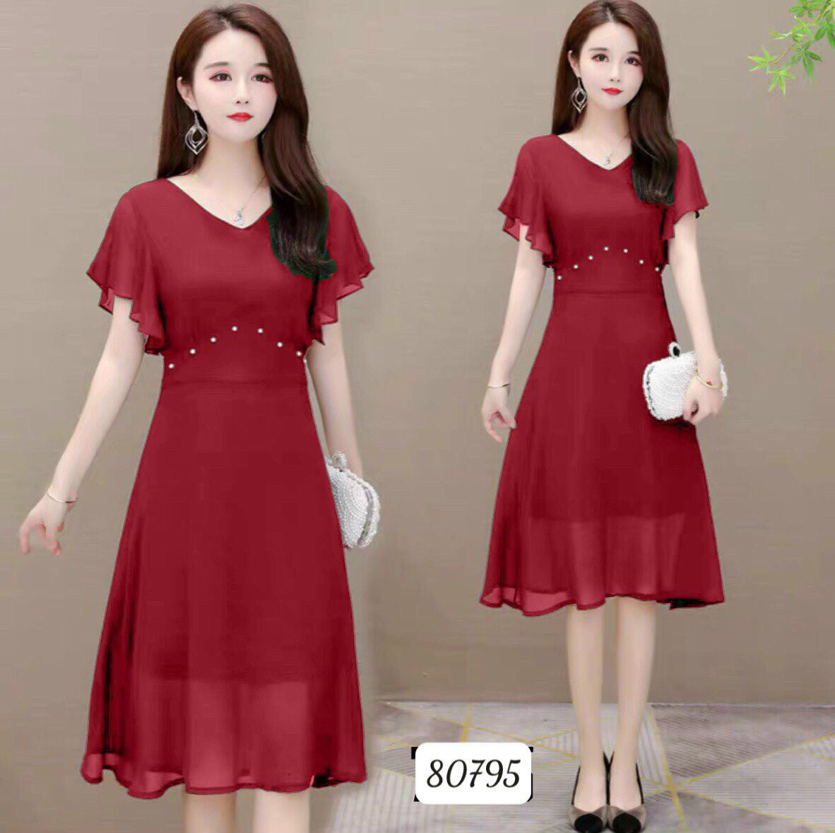 Đầm dự tiệc dáng xòe rớt vai đơn giản