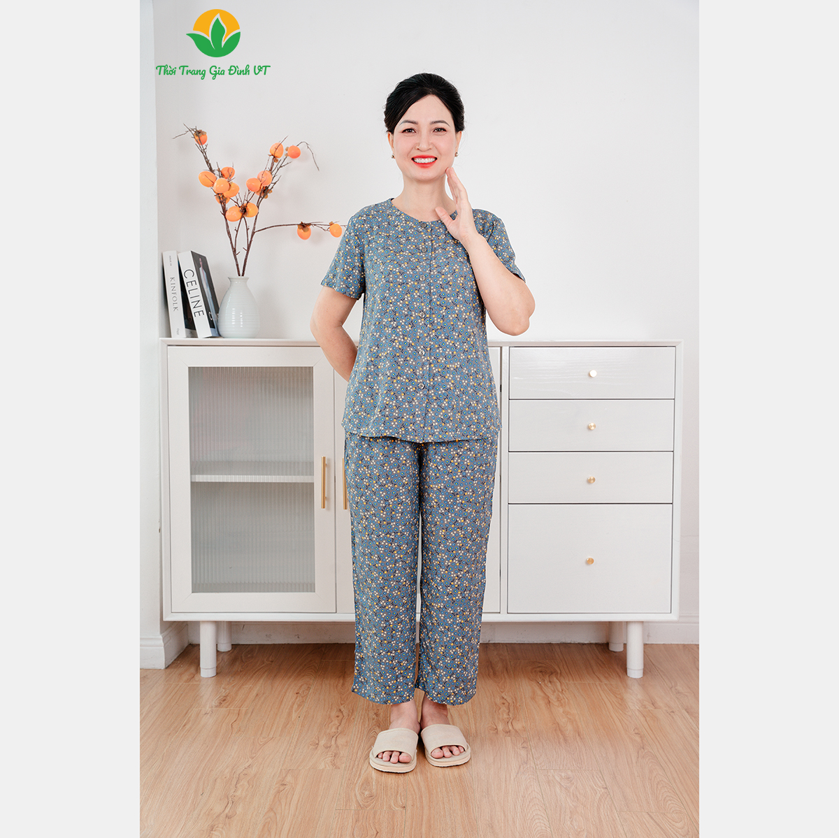 Bộ mặc nhà trung niên chất lanh, bộ đồ tole thời trang Việt Thắng quần dài, áo cộc tay trần chỉ nẹp – B08.6008