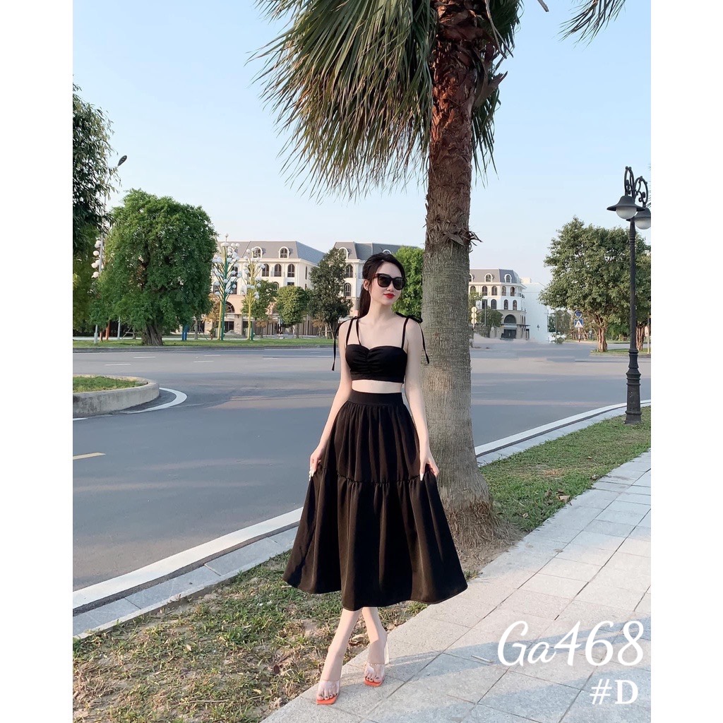 Set áo 2 dây croptop cúp ngực kèm chân váy xoè dáng dài chất liệu kate lụa G468
