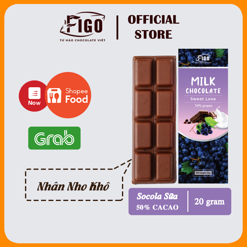 [Chính hãng] Bar 20gr- Milk Chocolate, Kẹo Socola sữa 50% Cacao nhân Nho khô, giòn, thơm hậu vị chua chua ngọt nhân Nho, tan ngay trong miệng, chất lượng số 1