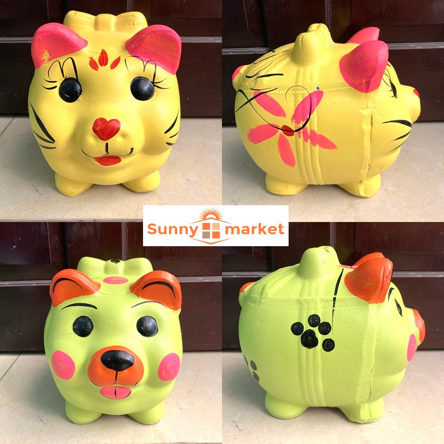 Heo đất nơ size lớn KT 18x20x24cm vẽ hình động vật rất dễ thương, Heo đất tài lộc, heo đất tiết kiệm