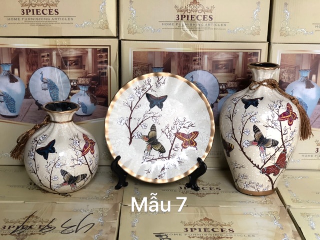 Bộ 3 đĩa bình gốm sứ hút lộc decor siêu xinh