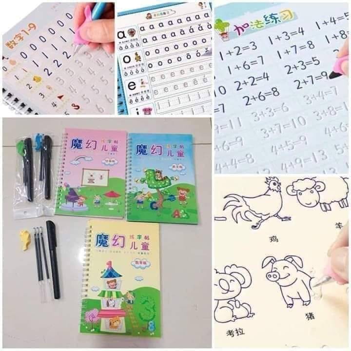 Set 3 Quyển tập tô chữ, số, hình TỰ BAY MỰC Tặng Kèm 1 Bút-6 ruột-1 đệm cầm