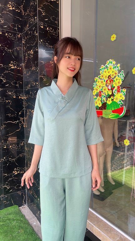 Đồ Lam Đi Chùa #Bộ lụa pháp trơn 1 nút# Quần Áo Nữ
