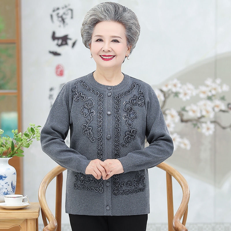 Áo len bà ngoại áo len dệt kim của phụ nữ áo len cardigan cho người trung niên và người mẹ cao tuổi Quần áo mùa xuân và mùa thu 60-70-80 tuổi Quần áo người già [kết thúc vào ngày 17 tháng 2]