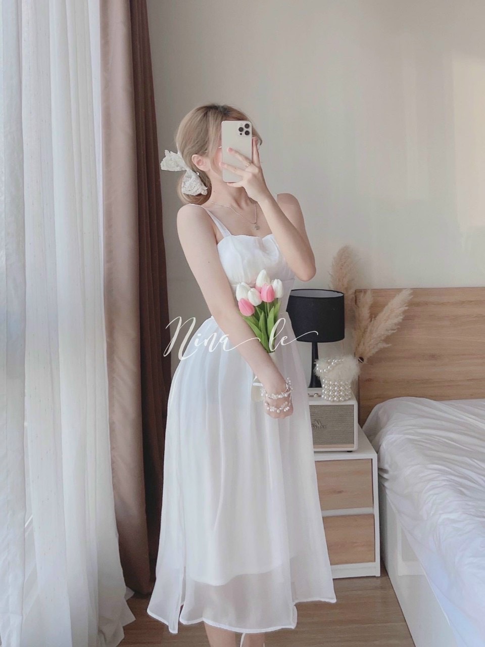 Đầm voan 2 lớp có may kèm mod ngực kiểu dáng tiểu thư.