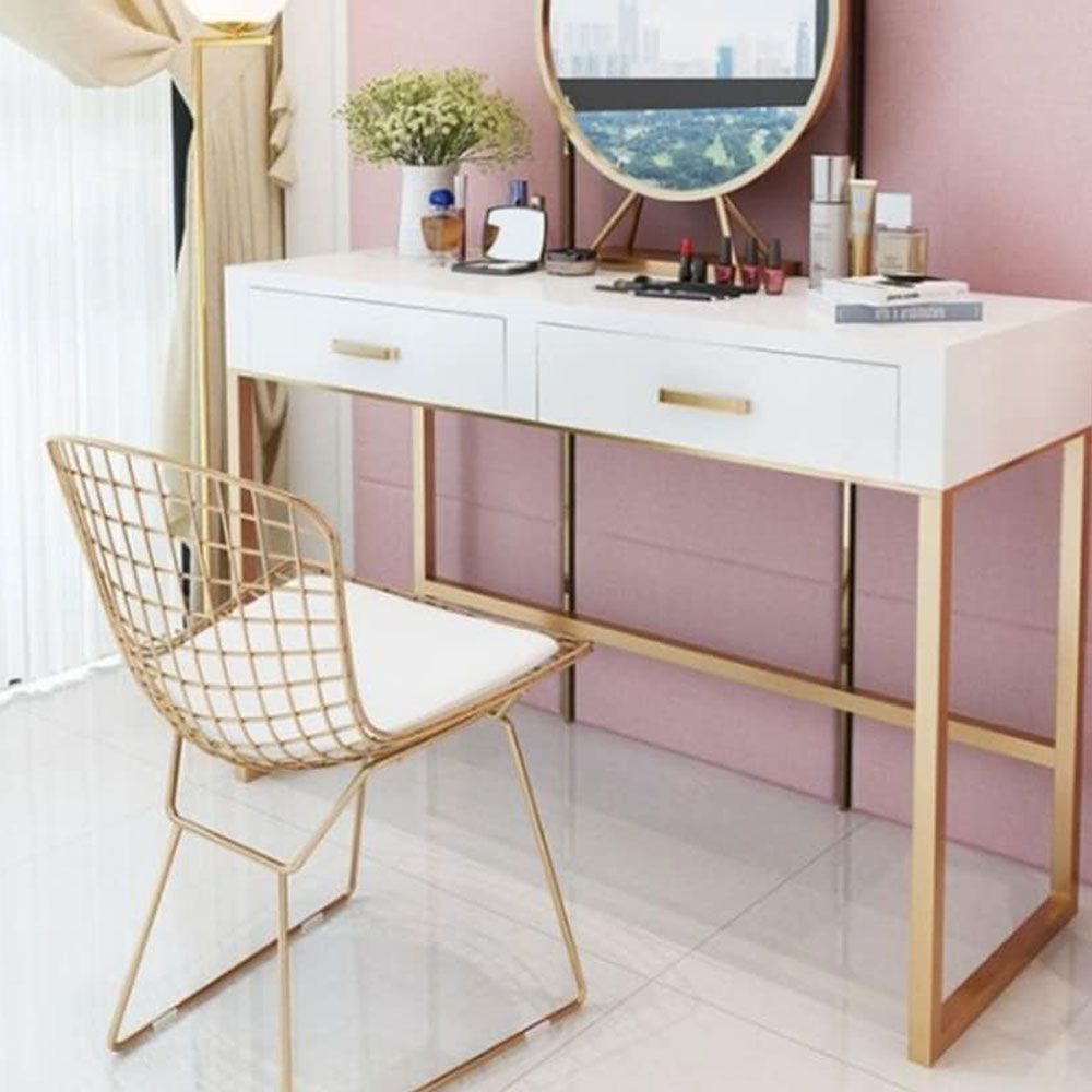 Bộ bàn trang điểm phòng ngủ 2 ngăn kéo Renata có gương tròn, mặt gỗ MDF sơn PU, chân sắt sơn tĩnh điện, tùy chọn màu sắc, gia công tỉ mỉ