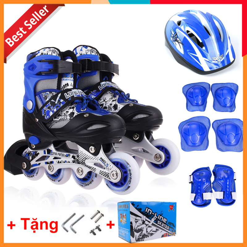 Phân phối Bộ Giày Patin Longfeng 3 in 1 , giày trượt patin đầy đủ bảo hộ chân tay và mũ chính hãng tặng kèm hộp vàn bộ ốc vít màu Xanh