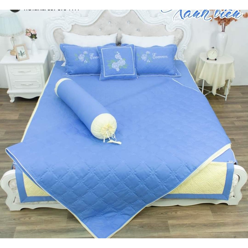 Set 3 món ga phủ và 2 vỏ gối cotton satin trần bông hàng màu thêu siêu đẹp
