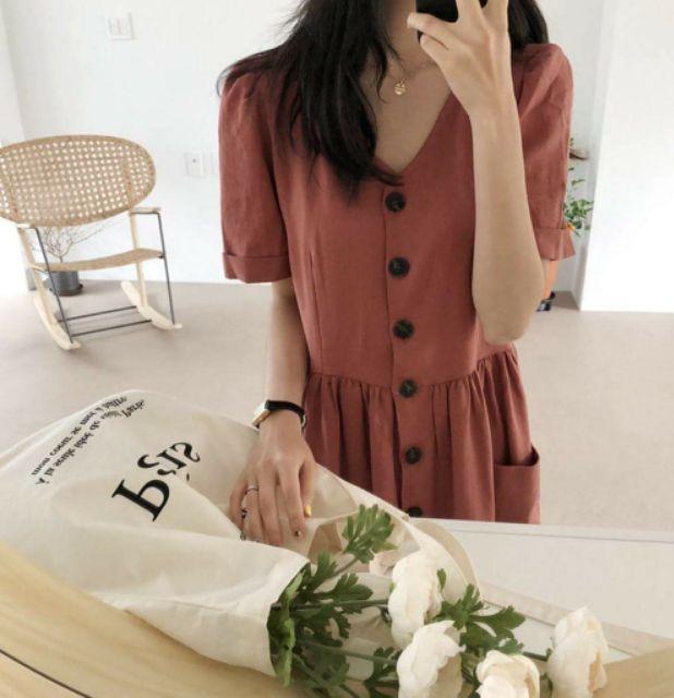 [HCM]Đầm nút trước 2 túi (kèm hình thật)